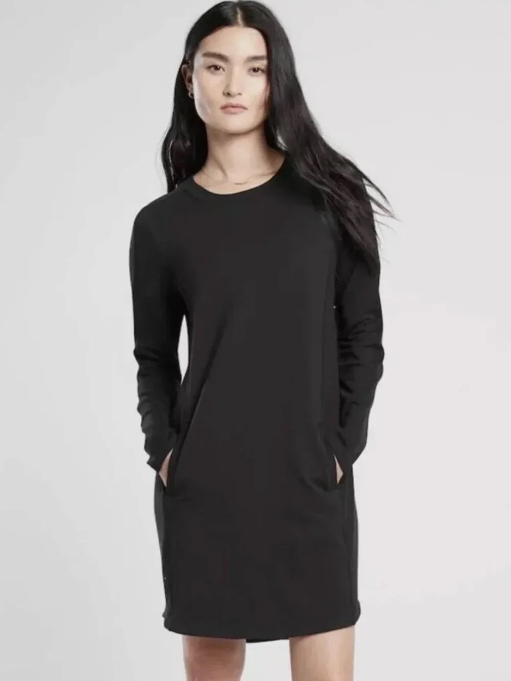 Athleta Balance Mini Dress Long Sleeve w Pockets | Black | XL Soft + Cozy